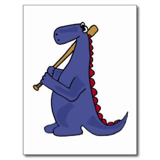 WX  Blue Dinosaur Playing Baseball Cartoon Postcard