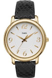 Timex Womens Classsics White Dial Gold Tone Stainless Steel Case Black Leather Watch T2N619: classic: Watches