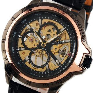 ESS Men's Rose Gold Skeleton Black Leather Hand Wind Up Mechanical Watch WM267: ESS: Watches