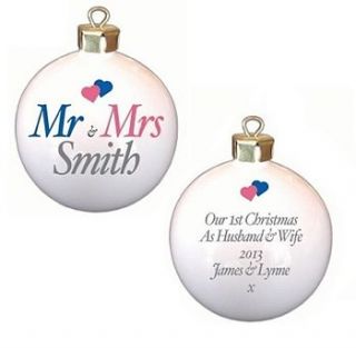 personalised mr and mrs christmas baubles by sleepyheads