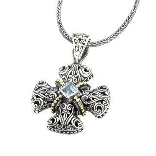 Sterling silver and 18k gold Enchanta Collection square blue topaz filigree crusaders cross pendant: Jewelry