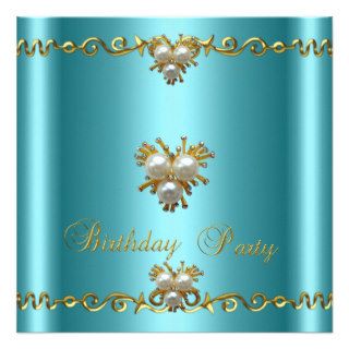 Quinceanera 15th Elegant Teal Gold Pearl Jewel Custom Announcement