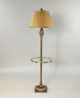 Floor Lamp w Round Glass Table Top in Antique Bronze & Fabric Shade