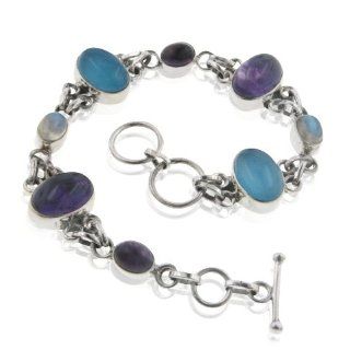 Sterling Silver 8" Amethyst, Rainbow Moonstone, and Blue Chalcedony Toggle Bracelet: Link Bracelets: Jewelry