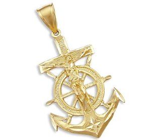 14k Yellow Gold Large Crucifix Anchor Pendant Charm New: Jewelry