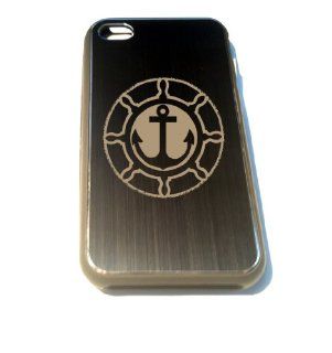 Apple Iphone Custom Case 4 4s Black Aluimium Back Metal Plate   Anchor Nautical Steering Wheel Engraved Logo Cell Phones & Accessories