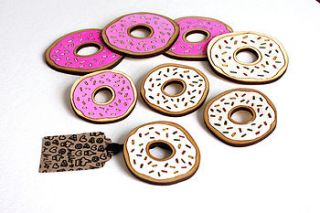 donut brooch. laser cut wood. painted by hand by rock cakes