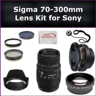 Sigma 70 300mm f/4 5.6 DG Macro Autofocus Lens Kit for Sony SLT A33, SLT A55, SLT A35 Digital SLR Cameras. Package Includes: 0.45X Wide Angle Lens, 2X Telephoto Lens, Lens Cap, Lens Hood, Lens Cap Keeper, 3 Piece Filter Kit (UV FLD CPL) and Microfiber Clea