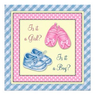 Pink Dots & Blue Gingham Gender Reveal Baby Shower Announcements