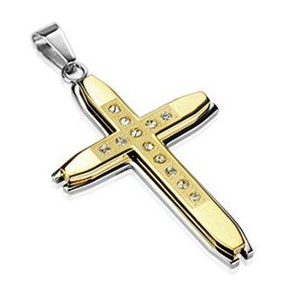 Gold Tone Cross on Polished Large Cross Pendant with Simulated Diamonds for Men: Jewelry