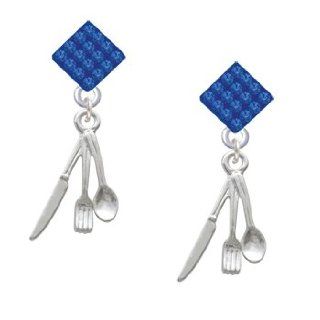 Fork, Knife and Spoon Blue Sapphire Crystal Diamond Shaped Lulu Post Earrings: Jewelry