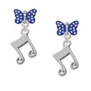 Silver Double Music Note Blue Sapphire Crystal Butterfly Lulu Post Earrings: Jewelry