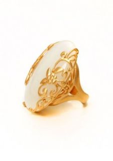 Sheila Fajl White Glow Oval Stone Ring W/Floral Rose Gold Setting (7, White / Rose Gold): Clothing