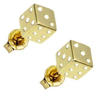 14k Yellow Gold Flat Dice Stud Earrings: Jewelry