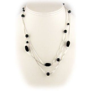 Long Black Onyx Stone Beads Sterling Silver Box Chain 53 Inch Necklace: Jewelry