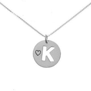 Sterling Silver Stencil K Initial Disc Pendant on 16in Box Chain Necklace: Jewelry
