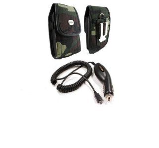 Premium Quality Rapid Car Auto Plug in Charger + Vertical Camouflage Designed Velcro Carrying Case Holster Cover Side Pouch with Belt Loop and Metal Clip for ATT BlackBerry Bold 9000   Boost Mobile Motorola Clutch + i475   Samsung Chat 335   T Mobile Black