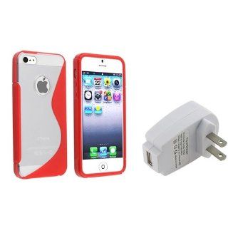 eForCity Clear / Red Gummy S Shape Skin Case with 1 White Home/Wall Charger Adapter compatible with Apple® iPhone® 5 / 5S: Cell Phones & Accessories