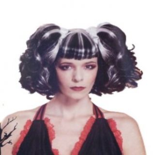 Womens Bad Fairy Wig Streaked Black & White Pig Tails with Blunt Bangs: Costume Wigs: Clothing