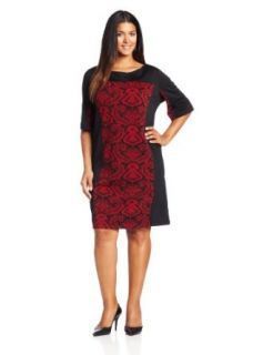 Julian Taylor Women's Plus Size 3/4 Sleeve Printed Jacquard Dress Large Sizes, Red/Black, 18