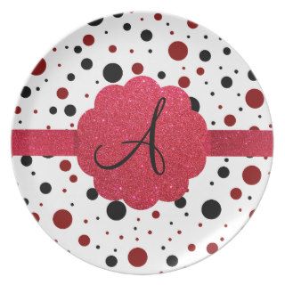 Black and red polka dots monogram dinner plates