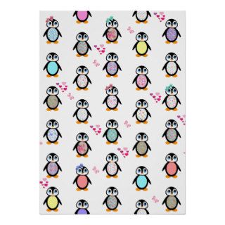 Cute Whimsical Penguins Floral Geometric Pattern Print
