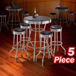 5pc Black Wood Bar Table & Commercial Restaurant Chrome Black Swivel Barstool Set 29"   Dining Tables