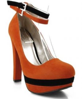 Qupid Marc 17 Colorblock Ankle Strap Platform Pumps ORANGE (10): Shoes
