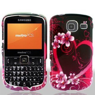 Samsung Freeform 4 IV R390 R 390 Black with Hot Pink Love Hearts Flowers Design Snap On Hard Protective Cover Case Cell Phone: Cell Phones & Accessories