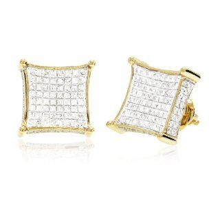 0.45 CT, White Round Brilliant cut Diamond Micro pave Setting 3D Square Men's Stud Earrings in 10K Yellow Gold Jewelry