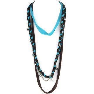 Soft Braided Fabric Layered Necklace   Crystal Cut Shimmery Beads   Brass Chain Link   Black Brown & Turquoise Jewelry