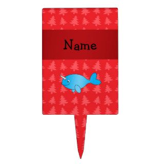 Personalized name narwhal red christmas trees cake pick