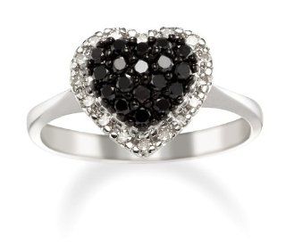 .46 Ctgw White and Black Diamond Heart Promise Ring in 14k White Gold: Jewelry