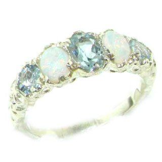 High Quality Solid Sterling Silver Natural Aquamarine & Opal English Victorian Ring   Finger Sizes 5 to 12 Available: Jewelry