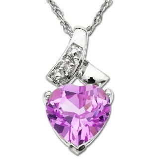 10k White Gold Created Pink Sapphire and Diamond Heart Pendant Necklace , 18": Jewelry