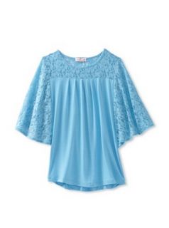 Design History Girls 7 16 3/4 Sleeve Top with Knit Body, Cool Turquoise, 8 Clothing