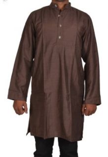 Indian Yoga Men Kurta Shirt Casual Wear Indian Semi Silk, Brown, Size:40x40x24: Clothing
