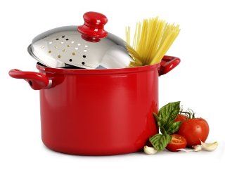 Basic Essentials 5 Quart Aluminum Pasta Pot with Strainer, Red: Kitchen & Dining