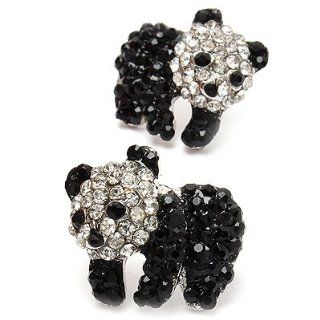 Fun Adorable Crystal Rhinestone Animal Panda Fashion Stud Earrings Silver Black: Jewelry