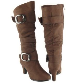 Women Slouchy Knee High Faux Suede High Heel Boots Brown buckles shoes Women S Boots Shoes