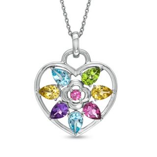 Multi Semi Precious Gemstone Flower Heart Pendant in Sterling Silver