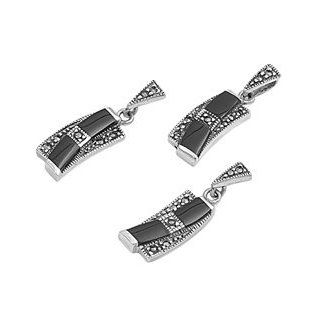 Sterling Silver Onyx Bent Rectangular Vintage Style Marcasite Earring Pendant Set: Jewelry