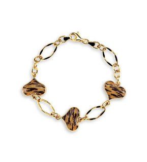 14k Yellow Gold Tiger Print Enamel Heart Charm Bracelet: Link Charm Bracelets: Jewelry