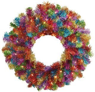 24" Pre Lit Rainbow Color Laser Tinsel Christmas Wreath   Clear Lights  