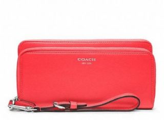 COACH Legacy Leather Double Zip Accordion Wallet / Wristlet in Bright Coral 48026 Shoes