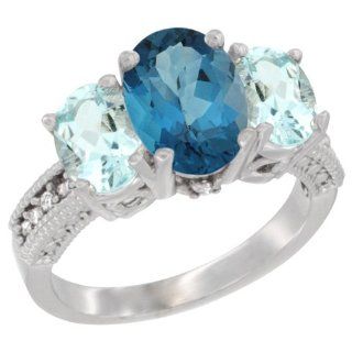 10K White Gold Natural London Blue Topaz Ring Ladies 3 Stone 8x6 Oval with Aquamarine Sides Diamond Accent, sizes 5   10: Jewelry