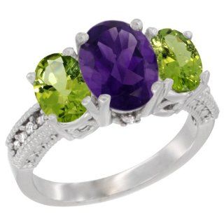 10K White Gold Natural Amethyst Ring Ladies 3 Stone 8x6 Oval with Peridot Sides Diamond Accent, sizes 5   10: Jewelry