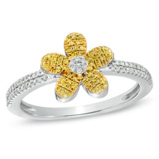 CT. T.W. Enhanced Yellow and White Diamond Daisy Ring in 10K White