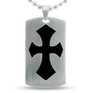Mens Stainless Steel Gothic Cross Dog Tag Pendant with Black Resin