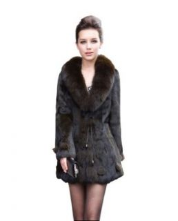 Bafei Long Women's 100% Real Rabbit Fur Coat Slim Jacket with Super Fox Collar at  Womens Clothing store